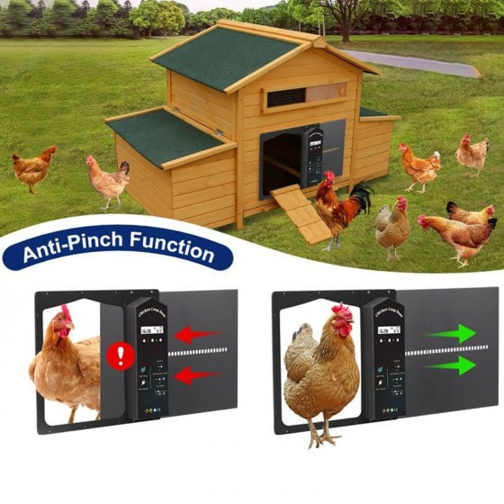 Automatické otevírání a zavírání kurníku Ollewiellan, posuvná dvířka s časovačem a senzorem + akumulátor