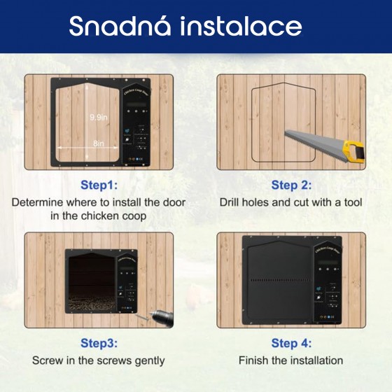 Automatické otevírání a zavírání kurníku Ollewiellan, posuvná dvířka s časovačem a senzorem + akumulátor