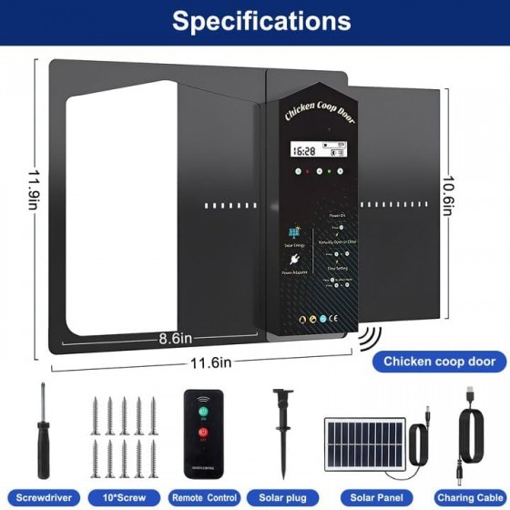 Automatické otevírání a zavírání kurníku Ollewiellan, posuvná dvířka s časovačem a senzorem + akumulátor
