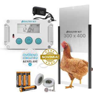 Automatická dvířka kurníku - strojek Poultry kit Premium 230V + 4x baterie AA, sada s dvířky 30 x 40 cm