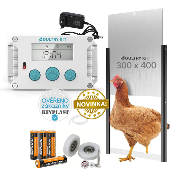 Automatická dvířka kurníku - strojek Poultry kit Premium 230V + 4x baterie AA, sada s dvířky 30 x 40 cm
