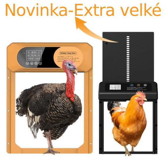 Automatická dvířka kurníku Automatic 30,5 x 40,5 cm, Extra velká hliníková dvířka, světelný senzor, časovač, 3x AA baterie