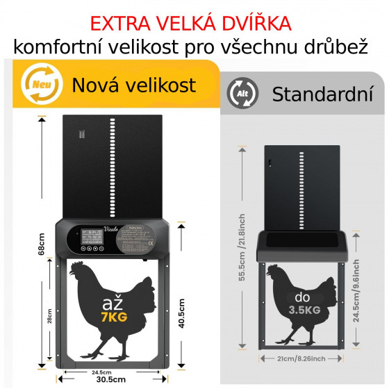 Automatická dvířka kurníku Automatic 30,5 x 40,5 cm, Extra velká hliníková dvířka, světelný senzor, časovač, 3x AA baterie