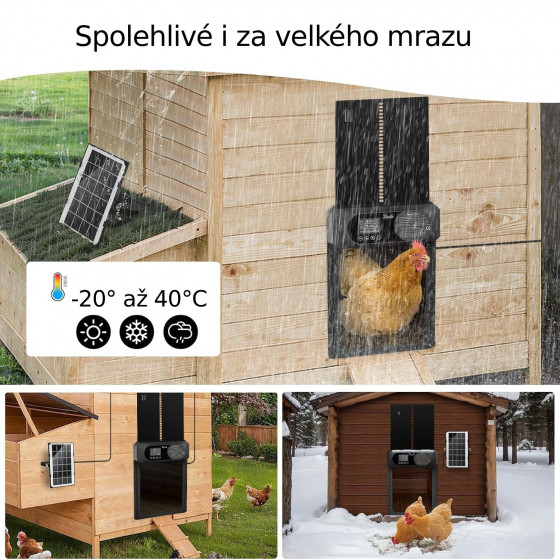 Automatická dvířka kurníku Automatic 30,5 x 40,5 cm, Extra velká hliníková dvířka, světelný senzor, časovač, 3x AA baterie