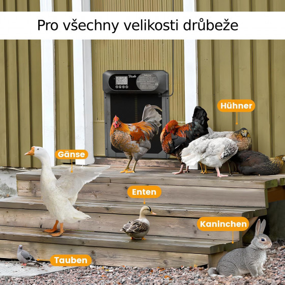 Automatická dvířka kurníku Automatic 30,5 x 40,5 cm, Extra velká hliníková dvířka, světelný senzor, časovač, 3x AA baterie