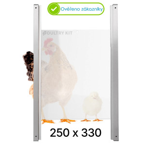 Dvířka pro otevírač kurníku 250 x 330 mm, hliníkové ližiny, deska z průsvitného a netříštivého plexiskla opál 2,5 mm