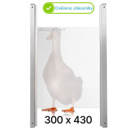 Dvířka pro otevírač kurníku 300 x 430 mm, hliníkové ližiny, deska z průsvitného a netříštivého plexiskla opál 2,5 mm
