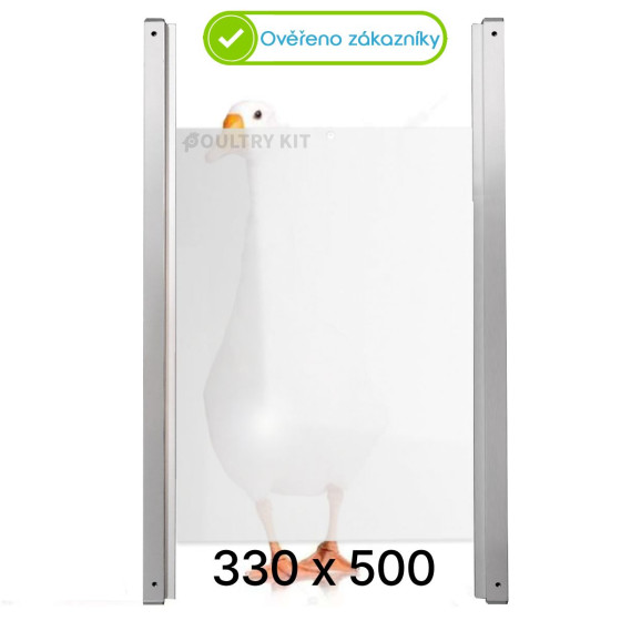 Dvířka pro otevírač kurníku 330 x 500 mm, hliníkové ližiny, deska z průsvitného a netříštivého plexiskla opál 2,5 mm