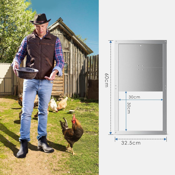 Dvířka pro otevírač kurníku D 300 x 300 mm, dělené hliníkové ližiny, hliníková dělená deska 1,5 mm, montážní materiál