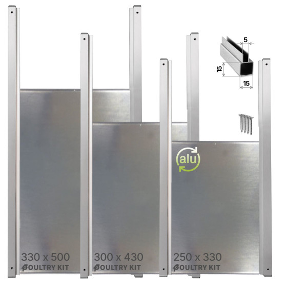Bezpečnostní dvířka do kurníku 250 x 330 mm, Extra pevná hliníková dvířka 2 mm a kvalitní eloxované profily 15 x15 mm