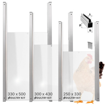 Dvířka pro otevírač kurníku 250 x 330 mm, hliníkové ližiny, deska z průsvitného a netříštivého plexiskla opál 2,5 mm