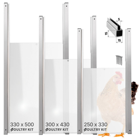 Dvířka pro otevírač kurníku 300 x 430 mm, hliníkové ližiny, deska z průsvitného a netříštivého plexiskla opál 2,5 mm