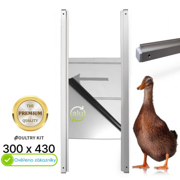 Bezpečnostní dvířka do kurníku 300 x 430 mm, Extra pevná hliníková dvířka 2 mm a kvalitní eloxované profily 15 x15 mm