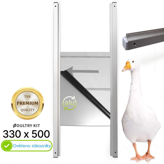 Bezpečnostní dvířka do kurníku 330 x 500 mm, Extra pevná hliníková dvířka 2 mm a kvalitní eloxované profily 15 x15 mm