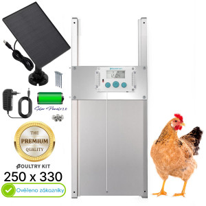 Automatické otevírání a zavírání kurníku Poultry kit Komplet 250x330 S, 230V + Solární panel 2000 mAh, kompletní sada s dvířky
