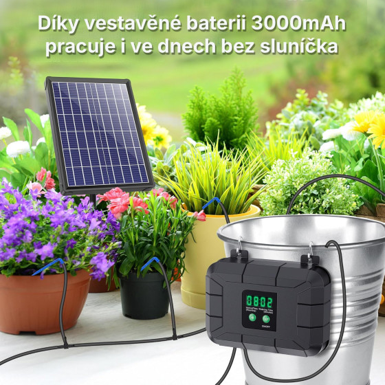 Automatická solární závlaha - 15 Biling 54l/h, baterie 3000 mAh, zavlažovací systém 15 kapačů, solární panel 7,5 W, 15 m