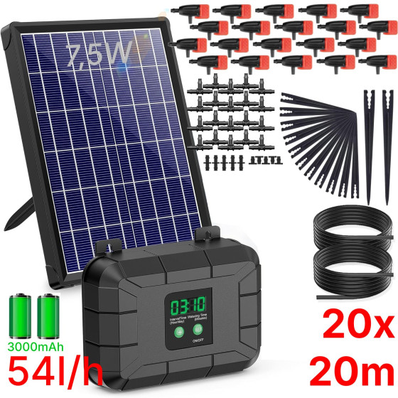 Automatická solární závlaha - 20 Biling 54l/h, baterie 3000 mAh, zavlažovací systém 20 regulovatelných kapačů, solární panel 7,5 W