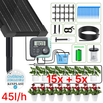 Automatická solární závlaha - 20 Rainpoint 45l/h, baterie 2600 mAh, zavlažovací systém 15 kapačů + rozšiřující sada 5 kapačů