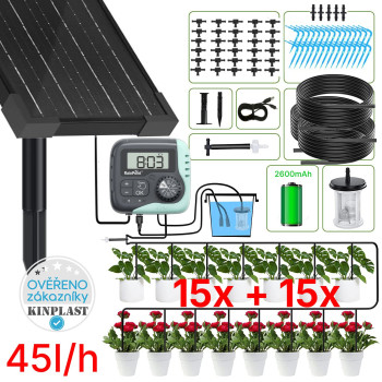 Automatická solární závlaha - 30 Rainpoint 45l/h, baterie 2600 mAh, zavlažovací systém 15 kapačů + rozšiřující sada 15 kapačů