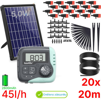 Automatická solární závlaha - 20 Rainpoint 45l/h, baterie 2600 mAh, zavlažovací systém 20 regulovatelných kapačů, 20 metrů