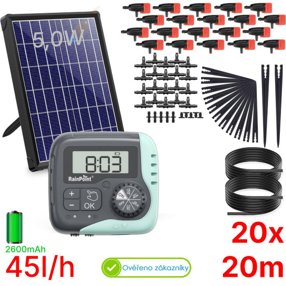 Automatická solární závlaha - 20 Rainpoint 45l/h, baterie 2600 mAh, zavlažovací systém 20 regulovatelných kapačů, 20 metrů