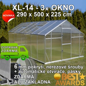 Skleník GAMPRE SANUS XL-14, 290 x 500 cm, 6mm, originální zahradní skleník + zdarma otvírače, pásky a svorky