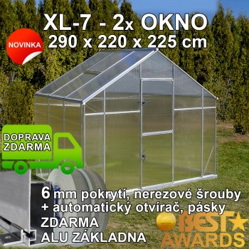 Skleník GAMPRE SANUS XL-07, 290 x 220 cm, 6 mm, originální zahradní skleník + zdarma otvírač, pásky a svorky