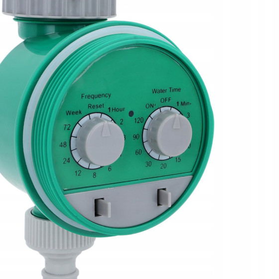 Zavlažovací hodiny analogové na 2x 1,5V AAA, tlak 0,5 až 4,0 barů, regulace času od 1 min až 2 hod a nastavení cyklu