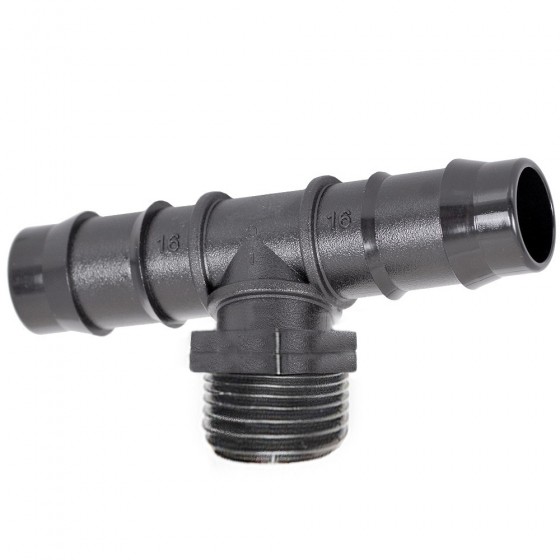 Konektor T 16mm spojka 3/4" vnější závit pro distribuční a kapkovací hadice Konektor T 16mm spojka 3/4" vnější závit pro distribuční a kapkovací hadice