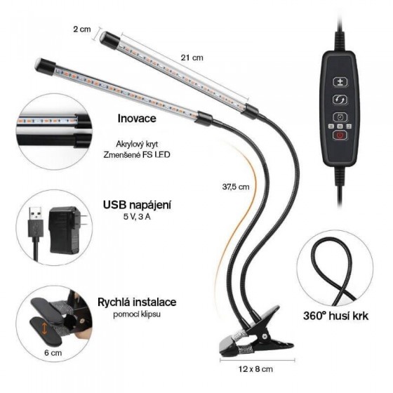 Growlight lampa na rostliny dvojitá, 18W LED s klipsem 