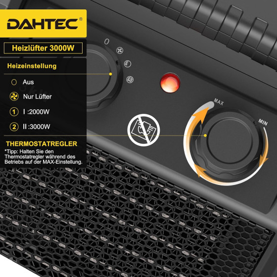 Elektrické topidlo 3000 W Dahtec, topný keramický ventilátor, vytápění skleníků s termostatem, 2 stupně topení