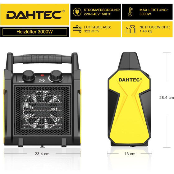 Elektrické topidlo 3000 W Dahtec, topný keramický ventilátor, vytápění skleníků s termostatem, 2 stupně topení