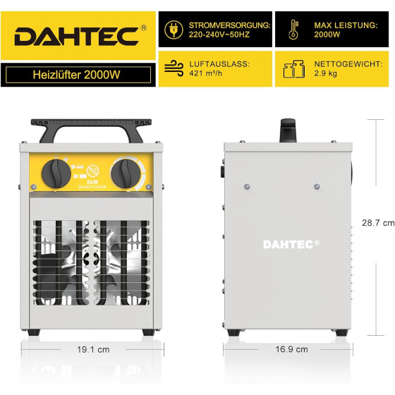 Elektrické topidlo 2000 W Dahtec, topný ventilátor, vytápění skleníků a zimních zahrad s termostatem, 3 stupně výkonu