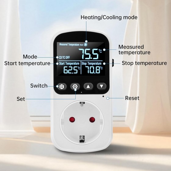 Digitální regulátor teploty Diymore pro skleník se snímačem až 3680W, regulace topení a chlazení -40° až 120°C Digitální regulátor teploty Diymore pro skleník se snímačem až 3680W, regulace topení a chlazení -40° až 120°C