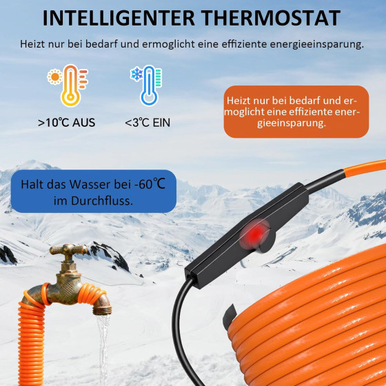 Topný kabel s termostatem, 10 metrů, 25 W/m (250W), samoregulační topný 5° až 10°C, pás ochrana proti mrazu, pro ochranu potrubí
