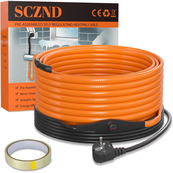 Topný kabel s termostatem, 8 metrů, 25 W/m (200W), samoregulační topný 5° až 10°C, pás ochrana proti mrazu, pro ochranu potrubí Topný kabel s termostatem, 8 metrů, 25 W/m (200W), samoregulační topný 5° až 10°C, pás ochrana proti mrazu, pro ochranu potrubí