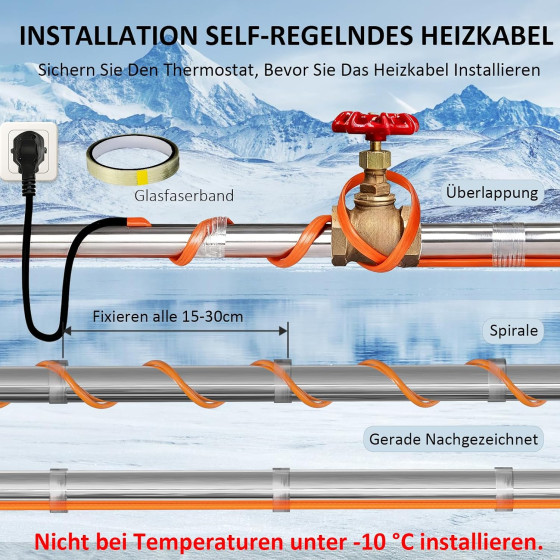 Topný kabel s termostatem, 10 metrů, 25 W/m (250W), samoregulační topný 5° až 10°C, pás ochrana proti mrazu, pro ochranu potrubí