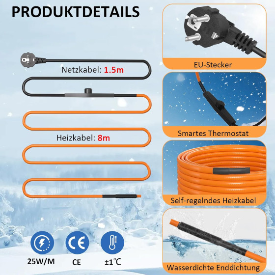 Topný kabel s termostatem, 8 metrů, 25 W/m (200W), samoregulační topný 5° až 10°C, pás ochrana proti mrazu, pro ochranu potrubí Topný kabel s termostatem, 8 metrů, 25 W/m (200W), samoregulační topný 5° až 10°C, pás ochrana proti mrazu, pro ochranu potrubí