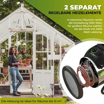 Vytápění skleníku BioGreen Palma 2000 W, nerezový ventilátor, cirkulace 163 m3/h. Výkon max. 2000 W