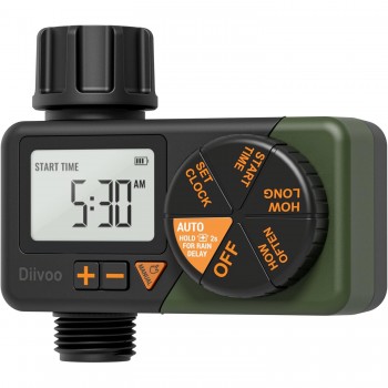 Zavlažovací hodiny Diivoo 01, regulace času a cyklu, 2x 1,5V AAA, automatický a manuální režim, vodotěsnost IPX5, velký displej LCD
