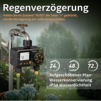 Zavlažovací hodiny Diivoo 02, regulace času a cyklu, 2x 1,5V AAA, automatický a manuální režim, vodotěsnost IPX5, velký displej LCD